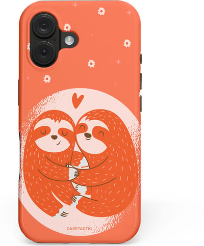 Casetastic hoesje geschikt voor Apple iPhone 16 - MagSafe - Dubbellaagse bescherming - Oranje Pastel Roze Liefdes Koppel Luiaard - Fashion Case - Terracotta Zand