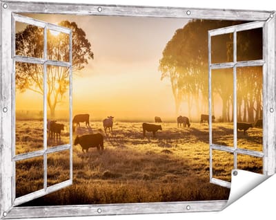 Gards Tuinposter Doorkijk Kudde Koeien in de Wei met Zonsopkomst - 120x80 cm - Tuindoek - Tuindecoratie - Wanddecoratie buiten - Tuinschilderij