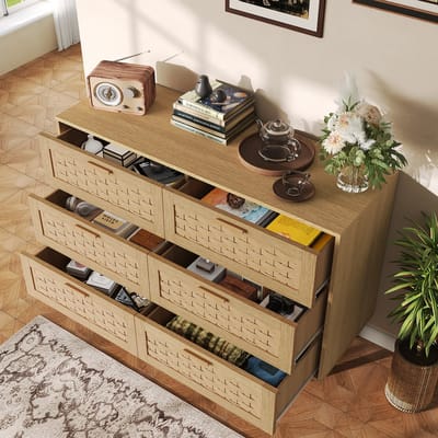 Ambachtelijk 6-lades massief houten dressoir met decoratief bamboevlechtwerk en cilinderpoten - Natuurlijke textuur & tijdloos design voor de moderne woonruimte, eiken