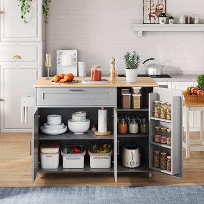 BLACKCOLORS Verrijdbare keukentafel L132,5*B44(70)* H90 cm, opklapbaar werkblad, eikenhouten nerf, multifunctionele kast, kruidenrek, handdoekhouder, 5 wieltjes, geschikt voor keuken/eetkamer/huis
