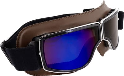 KIMU® Goggles Motorbril Skibril - Bril Donkerbruin Montuur - Blauwe Spiegelglazen - Leatherlook Pilotenbril Vintage Motor Retro Steampunk Lederen Heren Festival
