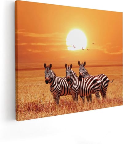 Artaza Canvas Schilderij Afrikaanse Dieren - 50x40 cm - Wanddecoratie Zebra - Muurdecoratie Savanne - Kamer Accessoires Zonsondergang