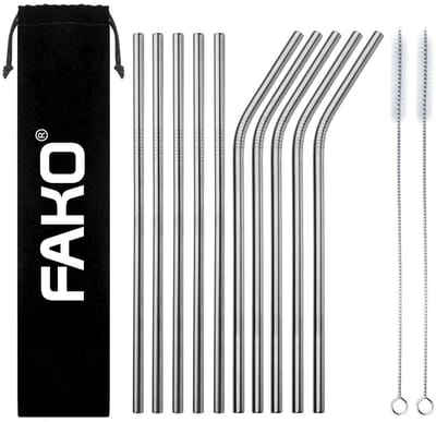 Fako Bijoux - RVS Rietjes - 10 Stuks - Recht & Gebogen - Herbruikbaar - 21 cm - 2 Schoonmaakborsteltjes - Zilver