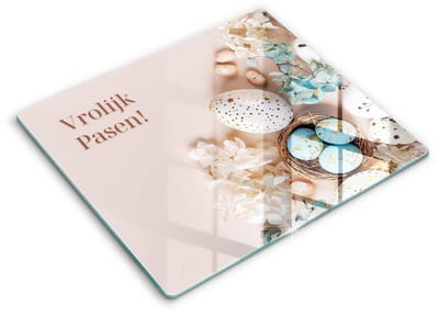 Wallfluent Glazen Snijplanken - Vrolijk Pasen! Snijplanken Glas - 60 cm x 52 cm - Veelkleurig Snijplanken van Glas - Hittebestendige Glazen Snijplank - Hygiënische Snijplank van Glas - Antislip Hakplank van Glas