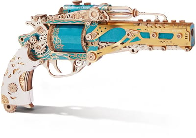 3D houten puzzel stoomrevolver – Steampunk mechanisch revolver DIY bouwpakket, uniek creatief cadeau voor volwassenen en tieners (Blauw)