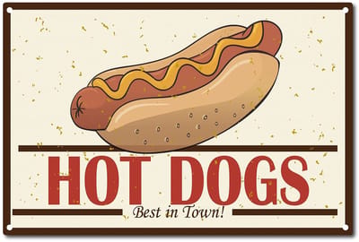 Dailygoody - Hot Dogs Tinnen Bord - Vintage Voedselbord - Grappig Ontwerp - 20,5 x 30,5 cm - Wanddecoratie - Ideaal voor Thuis en Restaurant
