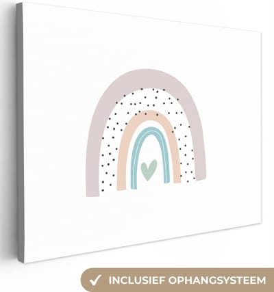 Canvas kinderen - Wanddecoratie kinderkamers - Regenboog - Pastel - Stippen - Hartje - Canvas doek kids - Canvas kinderen - 40x30 cm