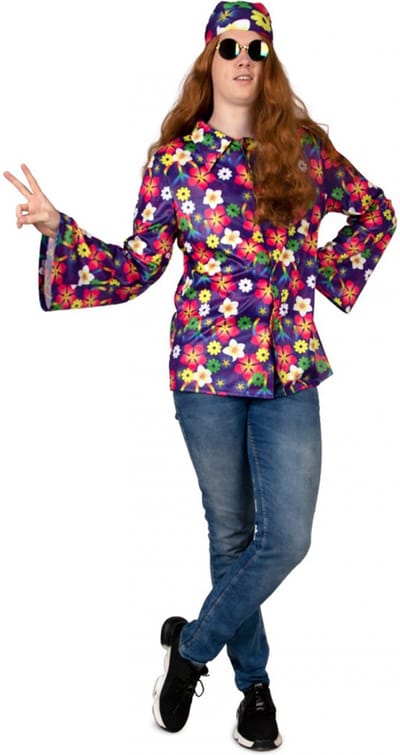 PartyXplosion - Blouse - Flower Power - Hippie - Bloemen - Carnaval kostuum - Carnavalskleding - Heren - paars - Maat 48