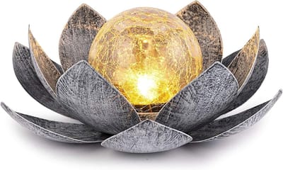 PolkaHome® Tuinlamp op Zonne-energie Buiten – Lotus Tuinlamp Solar met Crack Glas Bol – Tuinlampjes Zonneenergie Decoratie – Waterdichte Tuinlampen – tuin lampen