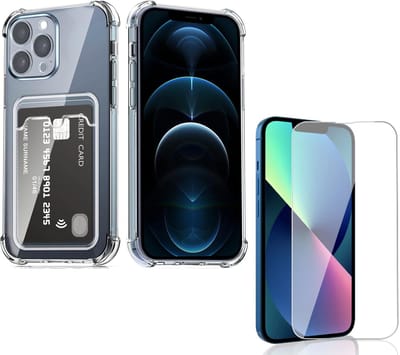 Schokbestendig TPU Hoes Kaarthouder + Screenprotector Geschikt voor: iPhone 13 Pro Max - Transparant - Hoesje met Achterkant Pasjeshouder