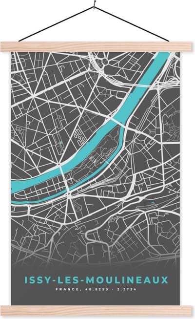 Posterhanger incl. Poster 40x60 cm - Schoolplaat - Issy-les-Mouineaux - Frankrijk - Stadskaart - Plattegrond - Kaart - Textielposter - Blanke latten - Stadskaart