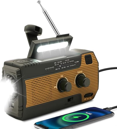 SnelShoppen - Noodradio op zonne-energie met handslinger en 2000 mAh batterij, geïntegreerde LED-zaklamp, SOS-alarm en AM/FM-weerradio in oranje voor