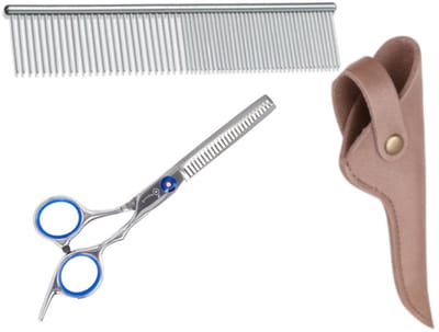 Professor Q Effileerschaar Hond – Professionele Uitdunschaar – RVS – 6 inch – Inclusief Vingerringen met Luxe Lederen Etui – Brons + Anti-Klit Kam – Pijnloos & Huisdiervriendelijk