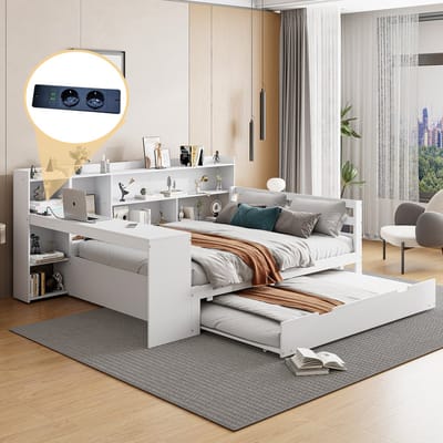 DESMIU Multifunctioneel Bed 140x200cm – Bed Met Uitrekbed, Bureau, Planken En Opbergvakken – Voor Slaapkamer, Studie En Gastenkamer – Hout – Wit – Zonder Matras