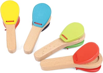 Houten Handclapper - Percussiespeelgoed Castagnet - Muziek Educatie - Duurzaam Beukenhout - 11 x 5 x 3 cm - Kleurrijk