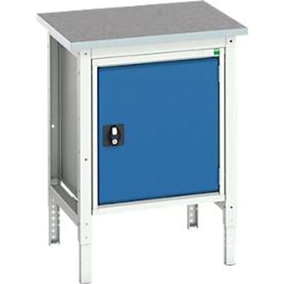 Bott verso box-type werkbank, linoleumblad, 1 deur, 1 plank, B 700 x D 600 x H 780 - 930 mm, lichtgrijs / gentiaanblauw