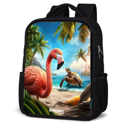 NoBoringSuitcases.com® - Rugzak zwart - Schooltas jongen & meisje - Flamingo en schildpad op tropisch strand - Rugtas voor school - Boekentas kind - Schoolrugzak - Kinderrugzak