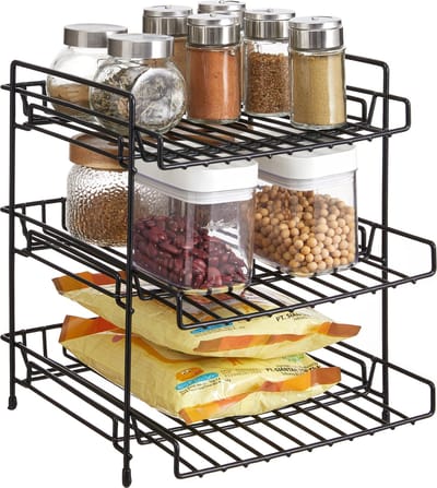 ACAZA Keukenrek - Kruiden Rek - Aanrecht Organiser met 3 niveaus - Keukenrek Aanrecht - Kruiden Organizer - 30 x 26 x 30 cm (L x B x H) - Zwart