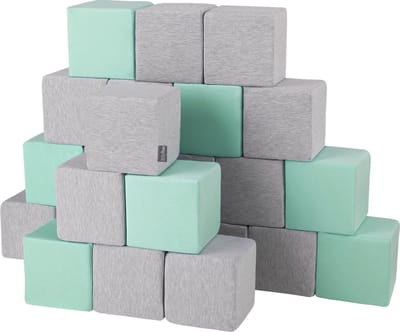 KiddyMoon Zachte Blokken voor Baby 24 Stuks - Montessori speelgoed 1 jaar - Speelmat foam - Foam blokken speelgoed kinderen XXL - Montessori baby - Zachte baby speelgoed - Schuimrubber speeltoestel - Baby speeltuin - Lichtgrijs-Munt