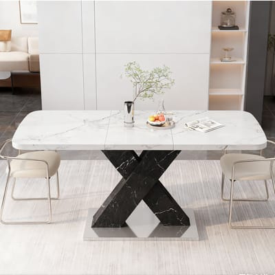 OKWISH Eettafel - Uitschuifbaar Tafelblad - Voor Eetkamer En Keuken - Wit Marmerlook En Zwart - 120-160 x 80 x 76,5 cm