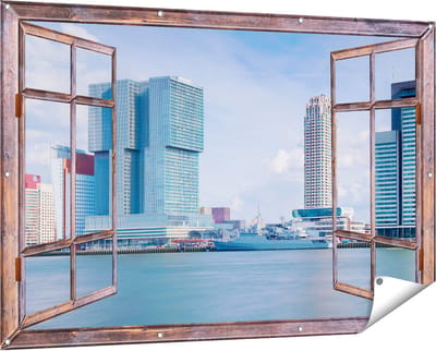 Gards Tuinposter Doorkijk Rotterdamse Skyline aan het Water - 150x100 cm - Tuindoek - Tuindecoratie - Wanddecoratie buiten - Tuinschilderij