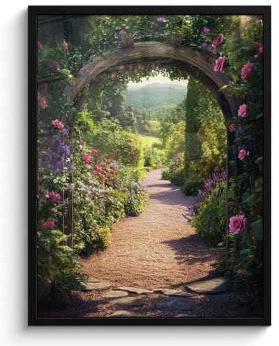 Poster in lijst - Fotolijst 50x70 cm - Posters - Doorkijk - Bloemen - Natuur - Rozenboog - Posterlijst zwart - Decoratie - Wanddecoratie woonkamer - Muurdecoratie slaapkamer