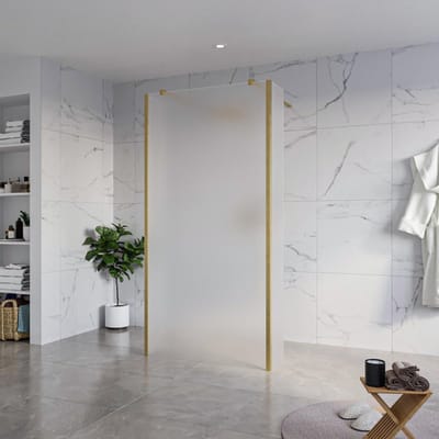 FugaFlow Eccelente Vetro Vrijstaande inloopdouche badkamer - 100x200cm - Glas mat - antikalk - 8mm veiligheidsglas - 2 zijwanden 30cm - met wandarmen en hoekprofielen - Messing geborsteld (goud) -