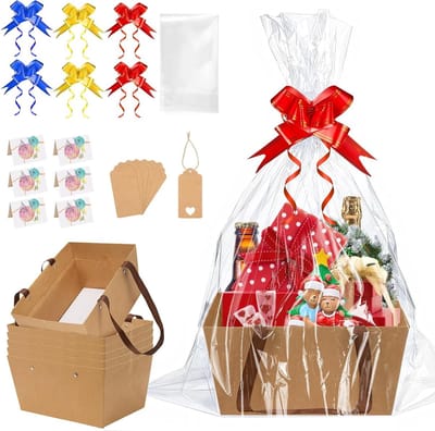 Lege Geschenkmanden Set van 6 - Kraftpapier Cadeaumand met Cellofaanzakken, Trekstrikken, Labels en Wenskaarten - Maak je Eigen Geschenkmand voor Verjaardag, Kerstmis, Bruiloft