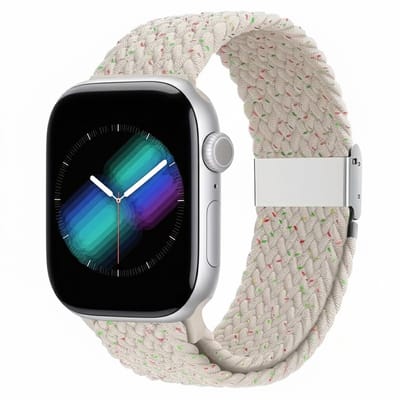 Licht goud kleurig nylon horlogebandje geschikt voor Apple Watch dames en heren 38 mm / 40 mm / 41 mm / 42 mm (serie 10 / 11), elastisch gevlochten smartwatch bandje zonder gesp, subtiel gespikkeld stretch vervangend horloge bandje