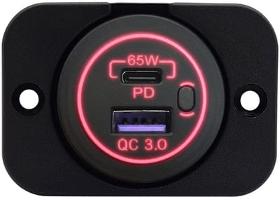 ProRide 12-24V USB/USB C Autolader 2 Poorten Inbouw - 65W QC3.0 - Snellader - Enkelvoudig Paneel - Rood