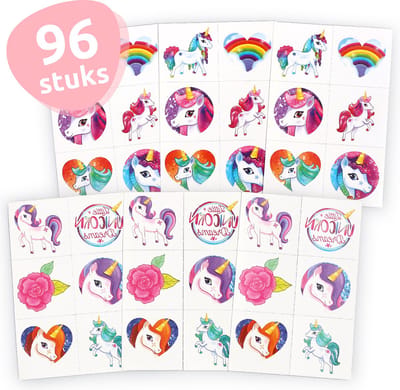 Isa's Friends® - Tattoo's kinderen 96 stuks - Uitdeelcadeau Unicorn - Traktatie - Tijdelijke tattoo - Plak tattoos - Uitdeelcadeautjes voor Kinderen