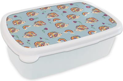 Broodtrommel Wit - Lunchbox - Brooddoos - Egel - Regenboog - Bloemen - Patroon - Kinderen - 18x12x6 cm - Volwassenen