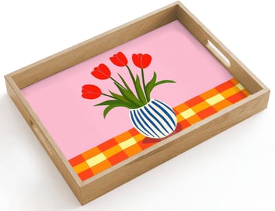 Dienblad hout 40x30 cm - Schootdienblad - Tulpen - Roze - Vaas - Borrelplank rechthoek - Plateau dienbladen