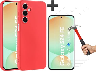 Hoesje geschikt voor Samsung Galaxy S24 FE hoesje zacht siliconen met 3 Stuks gehard glas Screenprotectors- Arara backcover - Rood