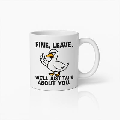 Grappige Eenden Koffiemok 330ml – "Fine, Leave. We’ll Just Talk About You" – Humoristische Mok & Cadeau voor Vrienden & Collega’s