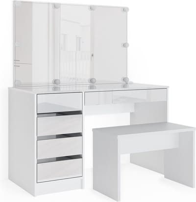Vicco Sherry Kaptafel set met kruk – 120 cm met LED-verlichting en bank Wit