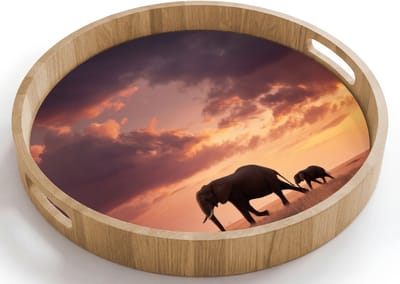 Dienblad rond 40x40 cm - Schootdienblad hout - Olifanten - Grasland - Zonsondergang - Borrelplank rechthoek - Plateau houten dienbladen