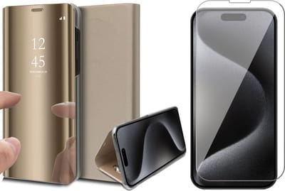 Hoesje geschikt voor iPhone 15 Pro - Screen Protector GlassGuard - Book Case Spiegel Goud & Screenprotector