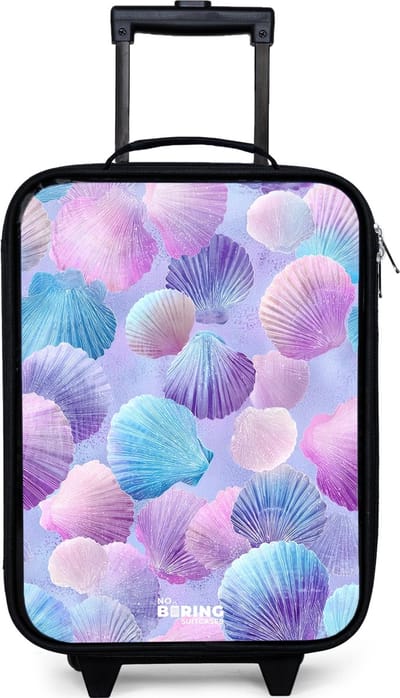 NoBoringSuitcases.com® - Kinderkoffer jongen - Kindertrolley meisje - Gekleurde schelpen op een paarse achtergrond - Koffer kind lichtgewicht - Reiskoffer trolley voor kinderen - Koffertje met lichtgevende wieltjes - Rolkoffer zwart