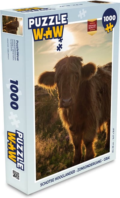 Puzzel Schotse Hooglander - Zonsondergang - Gras - Legpuzzel - Puzzel 1000 stukjes volwassenen