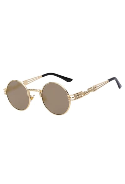 KIMU® Ronde Zonnebril Steampunk Heren - Goud Montuur Rond - Gouden Spiegelglazen - Vintage Retro Hippie Hipster Brilletje Festival