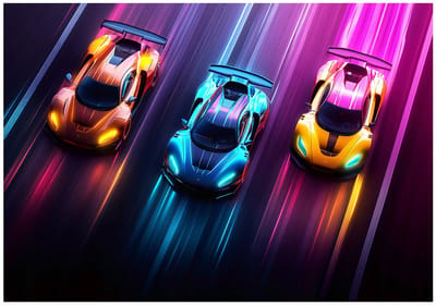 WALLARENA - Fotobehang - 150x105 cm - fotobehang voor kinderen met raceauto's in neon