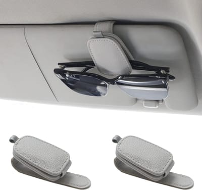 Zonnebrilhouder voor in de auto, magnetische leren zonnebrilhouder en ticketclip, accessoires voor autokleppen, 2-pack (zilvergrijs)