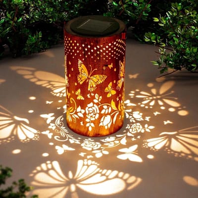 GELLDG Metalen Buitenlampen - Hangende Solarlamp met Vlinderdesign - IP65 Waterdicht - Oplaadbaar 6-8u voor 8-12u Licht - Geschikt voor Tuin, Terras, Pad en Binnenhof - 32x12cm
