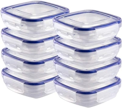 SnelShoppen - 8x Stapelbare Kunststof Voorraadpotten Set - Magnetron- en Vaatwasmachinebestendig - Plat, Vierkant - Perfect voor Keuken, Koelkast en V