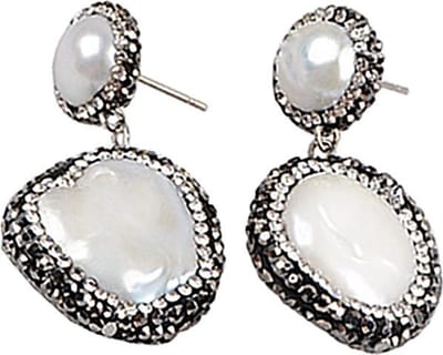 Zoetwater parel oorbellen Double Bling Coin Pearl - oorstekers - echte parels - wit - zwart - stras steentjes - parel oorbellen dames - parel oorknopjes