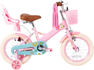 Kinderfiets – Voor jongens en meisjes – Met mand, bel, extra wielen en poppenzitje, leuk verjaardagscadeau – Roze, 30 cm