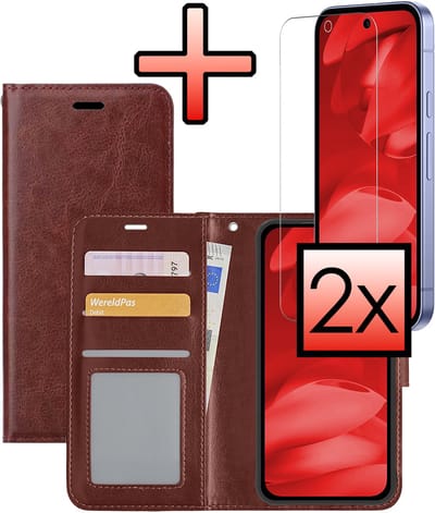 Hoesje - Met 2x Screenprotector - Geschikt voor Google Pixel 9a - Luxe Pasjeshouder - Bookcase Portemonee - Flip Case - Kunstleer Book Case - Flipcase Hoes - Book Cover - Walletcase - Portemonneehoes - Bruin