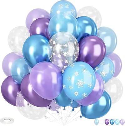 Ballonnen, blauw, paars, wit, 70 stuks, 30 cm, ballonnen, verjaardag, sneeuwvlokken, confetti, latexballonnen voor Frozen, decoratie, verjaardag, bruiloft, feestdecoratie