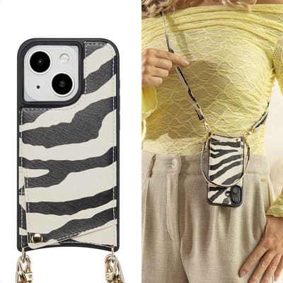 Selencia Hoesje - Geschikt voor Apple iPhone 15 - Backcover met koord en pashouder - Zazzy Zebra
